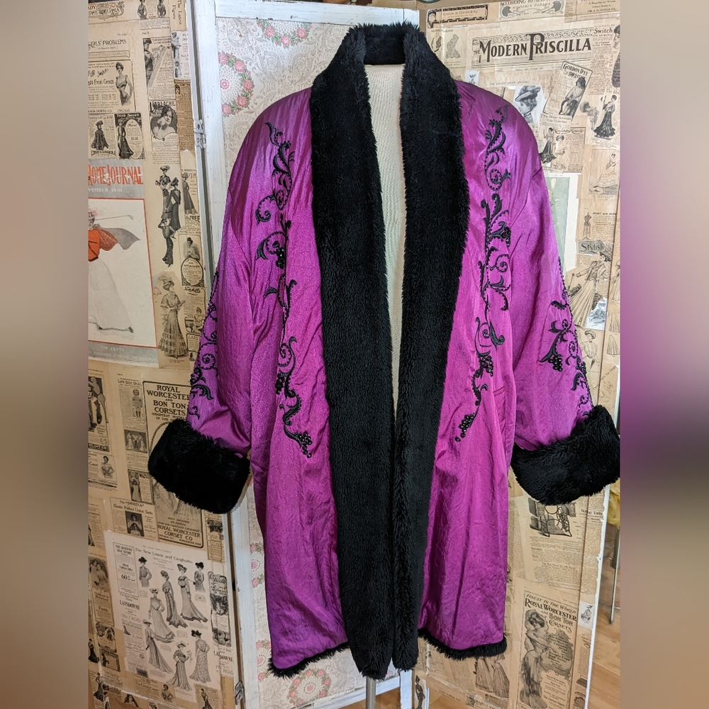 Vintage 80s Regal Beaded Faux Fur Silk Coat